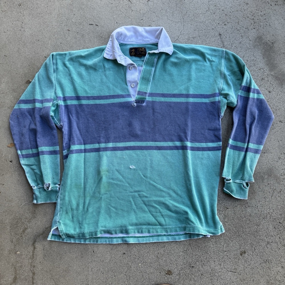 Vintage Eddie Bauer Rugby Shirt Faded Distressed Blue Green Medium Thrashed